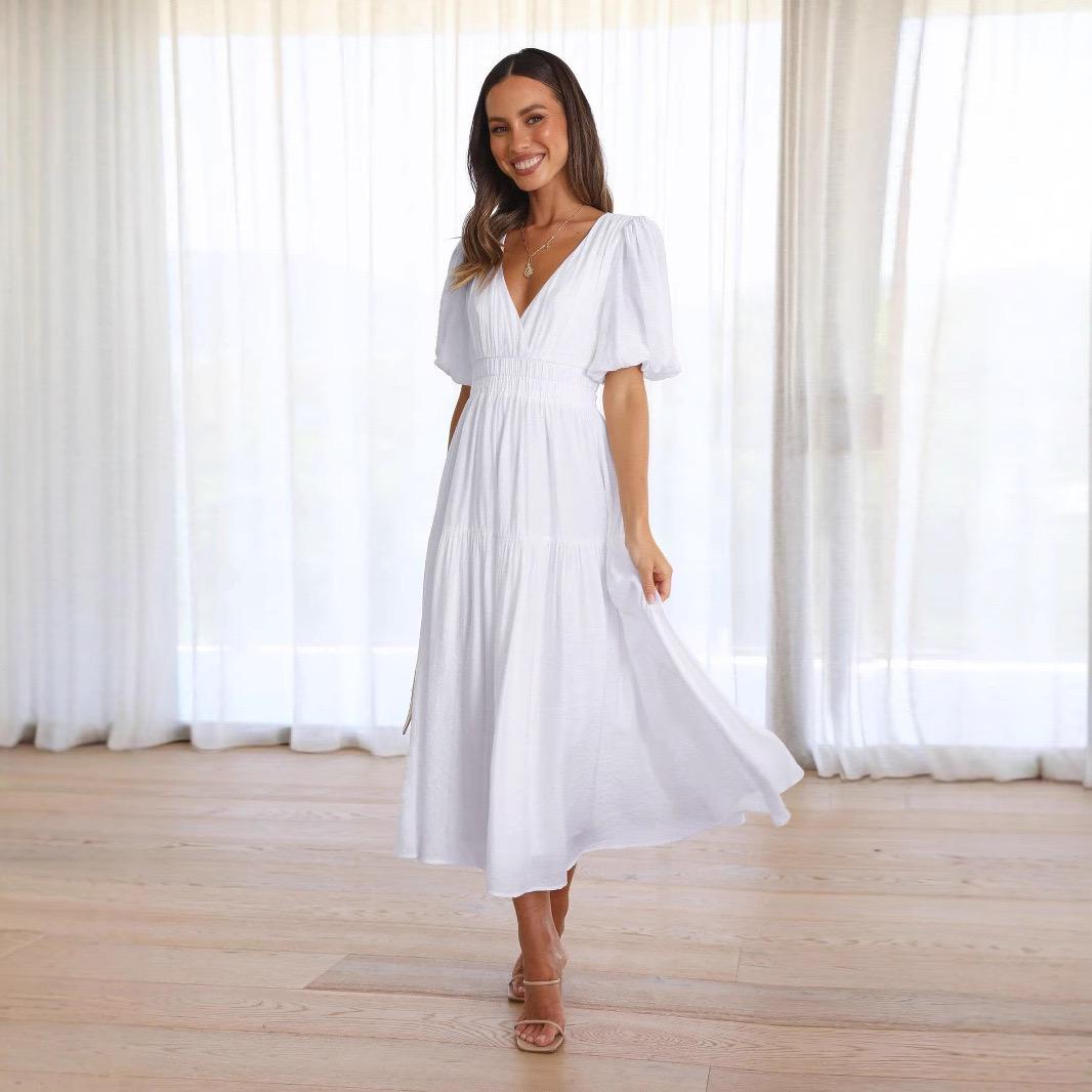 

LYRIA Fashion Ladies Vintage Dress Women Lantern Sleeve Ruffles Causal Dress V-neck High Waist Sexy Party Midi Beach Dresses XL