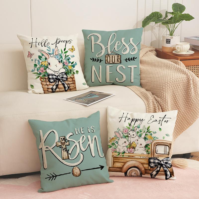 Easter Bunny Flower Pillow Cover Linen Print Home Cushion Cover Holiday Decorative Sofa Cushion Cover