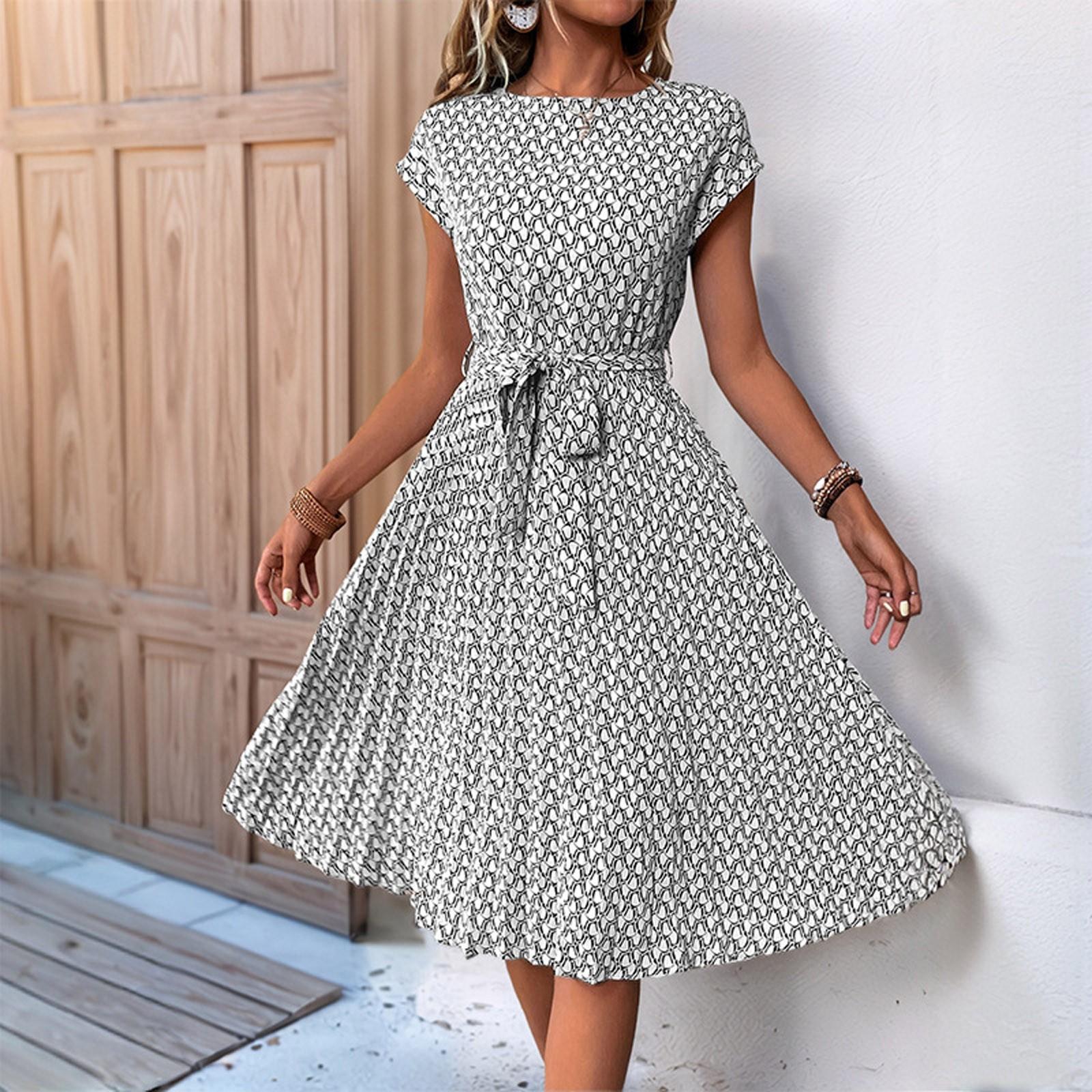

Women s Casual Loose Print Pleated Waistband Dress Print Pleated Waistband Dress