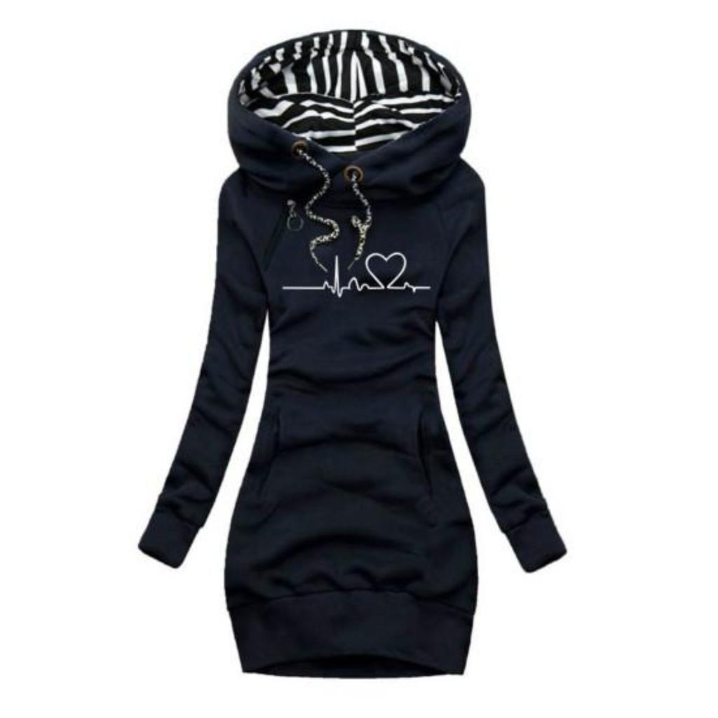Tasca frontale con coulisse Maniche lunghe Pullover di media lunghezza Felpa con cappuccio Donna Autunno Inverno Battito cardiaco Stampa Felpa con cappuccio slim fit Capispalla