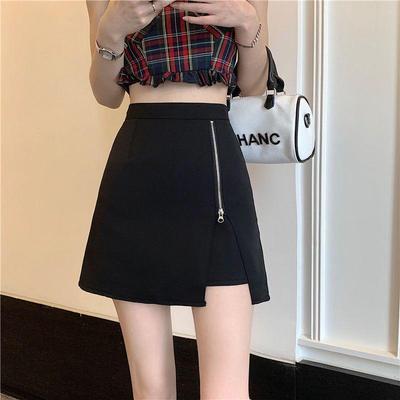 Women's 2024 Summer High-Waist Black Zipper Midi Slit Skirt with Slimming Anti-Exposure Design