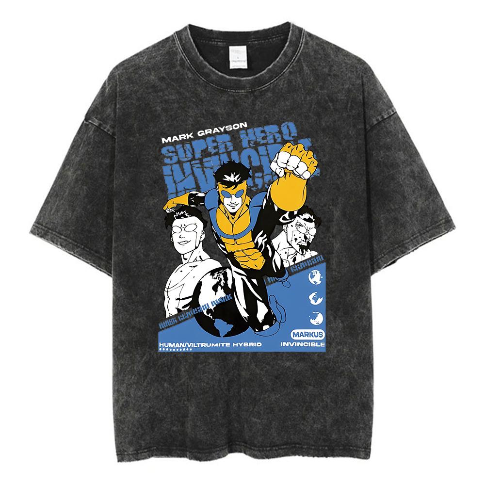 Ladies Invincible Hero Vintage Printed Tees Cotton Loose Washed T-Shirt Clothes Vintage Short Sleeve Crew Neck T-Shirt Unisex