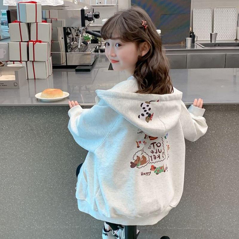Girls Autumn Hooded Sports Jacket Loose Fit Casual Outerwear for Big Kids