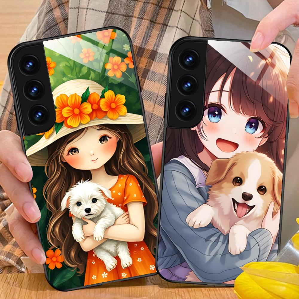 Girl Dog Puppy Glass Mobile Phone Case for Samsung Galaxy A56 55 54 53 52 51 36 35 34 23 16 15 5G Colorful Cover