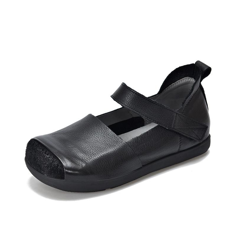 Johnature Retro Genuine Leather Square Toe Flat Shoes Soft Sole Handmade Solid Color Women's Shoes