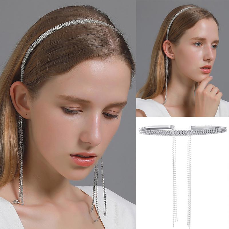 Bling Rhinestone Hairbands Women Long Tassel Bow Band Headband Wedding Hair Band