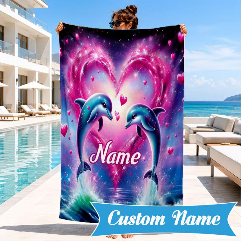Custom Name Love Dolphins Heart Beach Towel Microfiber Beach Towel, Lightweight and Quick-Dry, for Summer Travel, Swimming Pool Gift