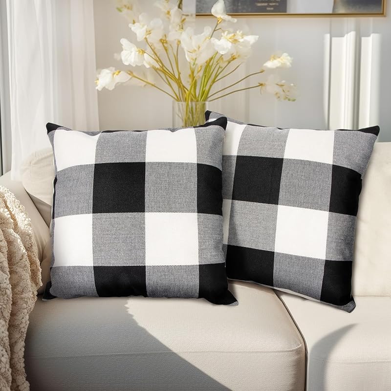 Sukh Plaid Throw Pillow Cover - 2PCS Buffalo Plaid Pillow Covers 18x18 Inches Buffalo Check Pillow Covers for Home and Office Decor, Sofa, Bench or White and Black