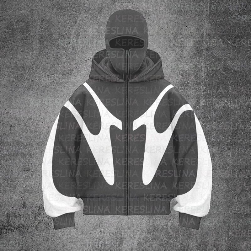 STREETRICH Felpa con Cappuccio Stile Doppio Cappello Stampa Retro Modello Diavolo Y2k Harajuku Casual per Coppia Felpe con Zip Felpa Moda Abbigliamento Streetwear