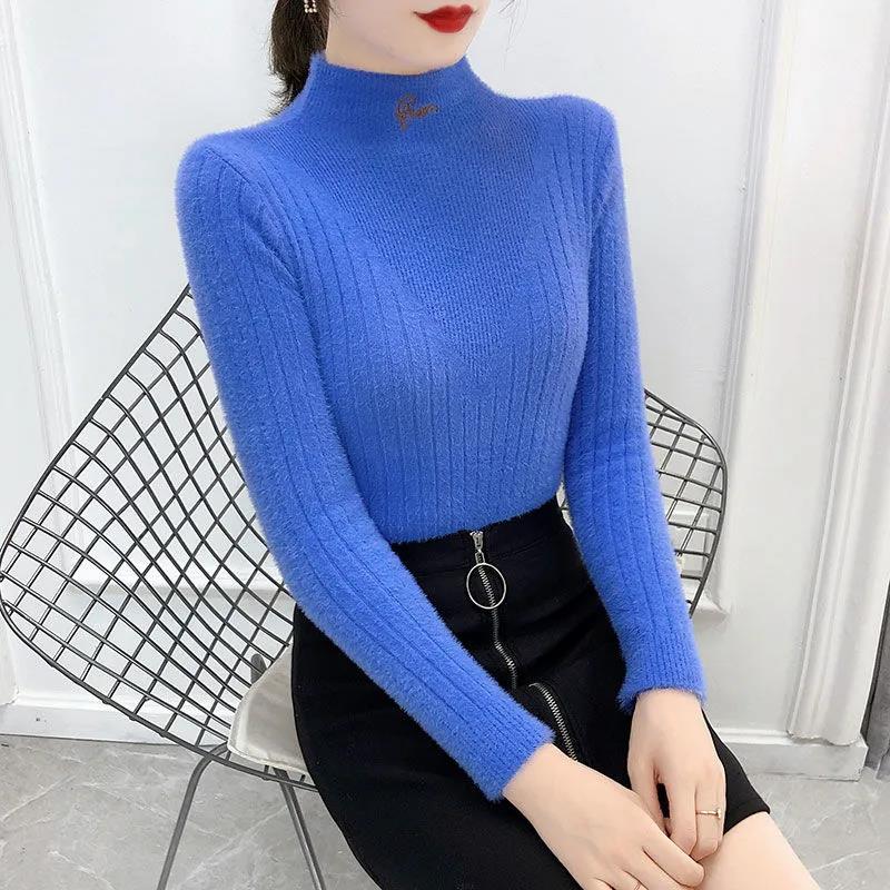 Mink Fleece Sweater Women's Solid Color Letter Embroidered Sweater Cropped Half Turtleneck Bottoming Shirt