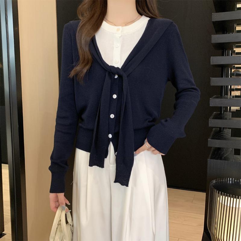 Contrasting color shawl knitted sweater jacket women's spring and autumn niche fake two tops button sweater cardigan