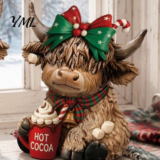 Boxwood Craft Ornament 2/3Pcs Christmas Highland Cow Wooden Tabletop Sign, 2D Flat Yak Desktop Holiday Figurines Figurine with Garland Bow Hat,
