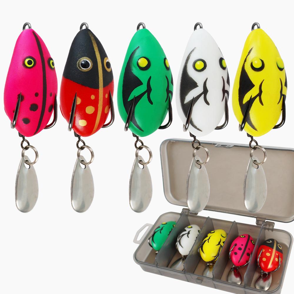Printed 5-Piece Set Shark-Like Frog Floating Silicone Soft Artificial Fishing Lure with Double Hooks Black (as the picture,Standard)