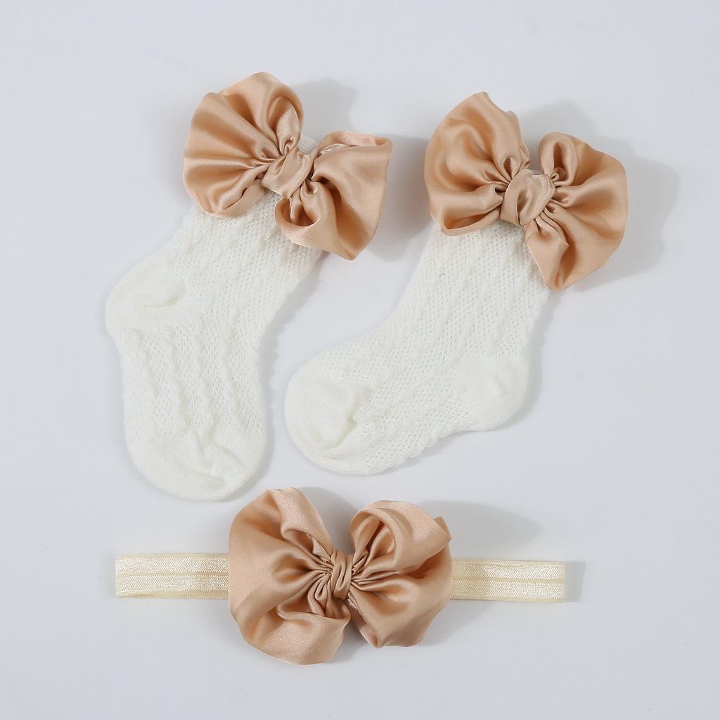 1Set Neugeborenen Big Bowknot Stirnbänder Aushöhlen Lange Socken Neue Baby Weiche Feste Prewalker Socke Mädchen Infant Gestrickte Haarband Socken