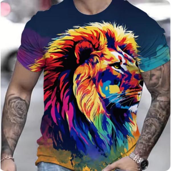 Summer Casual Men's Clothing Oversized Loose Lion Pattern Printed Short Sleeved Round Neck Fitness T-shirts