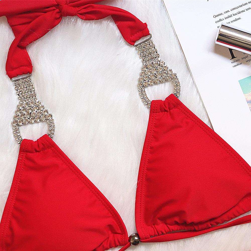 Maillot de bain bikini sexy à bretelles de couleur unie pour la plage, maillot de bain en strass