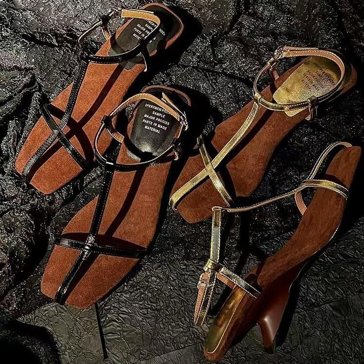 Fashion The  Summer New French Style Versatile Square-toed Cross-shaped Sandals with A Niche Wedge Heel and Golden High Heel for Women