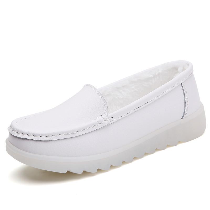 Casual Simple White Hollow Breathable Genuine Leather Flats Platform Loafers Shoes For Women