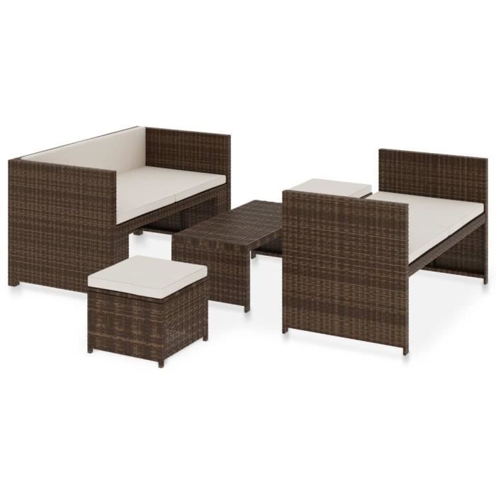 Salon de jardin 5 pièces avec coussins - Marron - 130 x 70 x70 cm