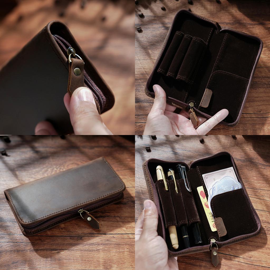 Elegant Genuine Leather Pen Box Holder Brown Black Zippered Pouch School Holsters Premium Pencil Case Card Holder Storage Custom