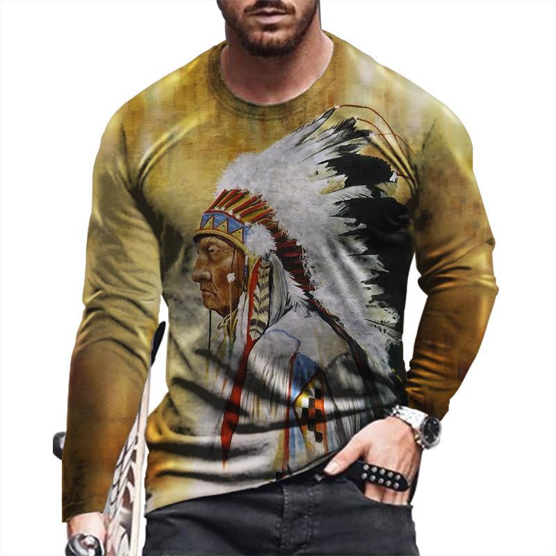 Spring and Autumn Round Neck 3D Native American Pattern Printed Top Fashionable Casual Long Sleeved Men's T-shirts