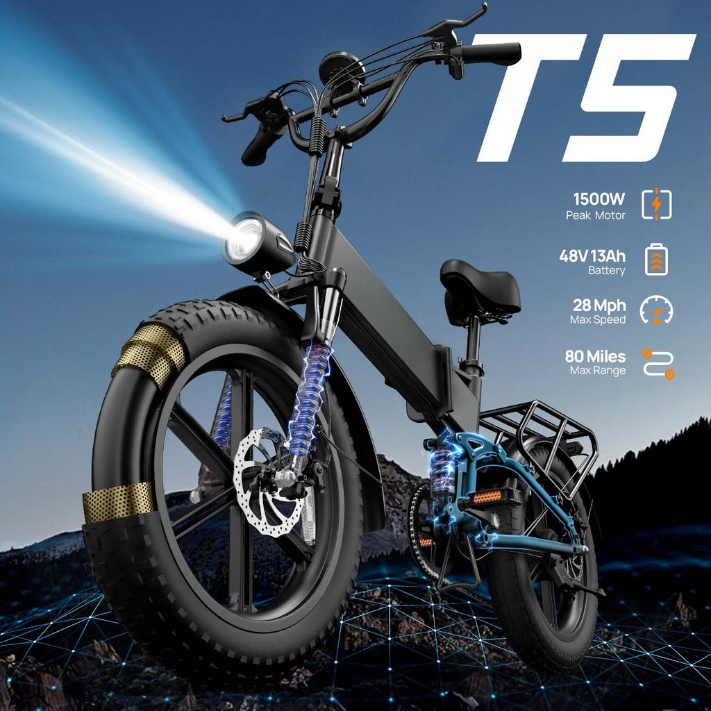 URLIFE-T5 Adult Electric Bike, 48V 750W Rated Motor, 13Ah Removable Battery, 20×4.0" Fat Tire Folding E-Bike for Commuting & All-Terrain