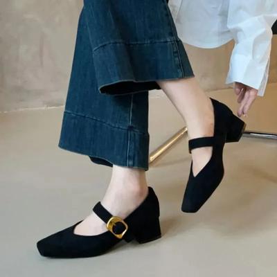 Fashion Janes Vintage Faux Suede Pumps Square Toe Dress Shoes 2024 Autumn Buckle Strap High Heels Ladies Shoes