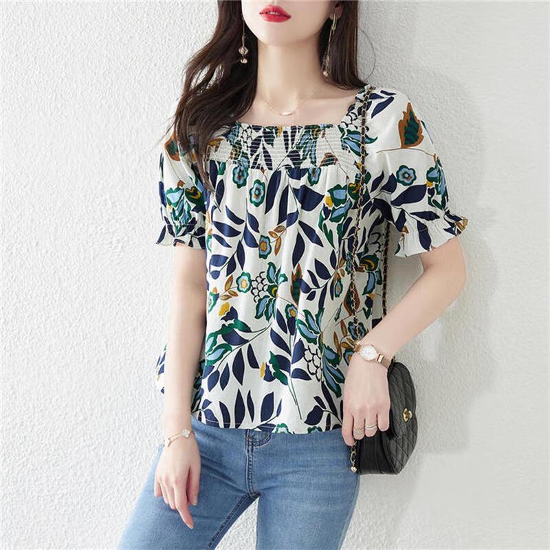 Women s 2025 Summer Floral Print Square-Neck Short-Sleeve Shirt XL