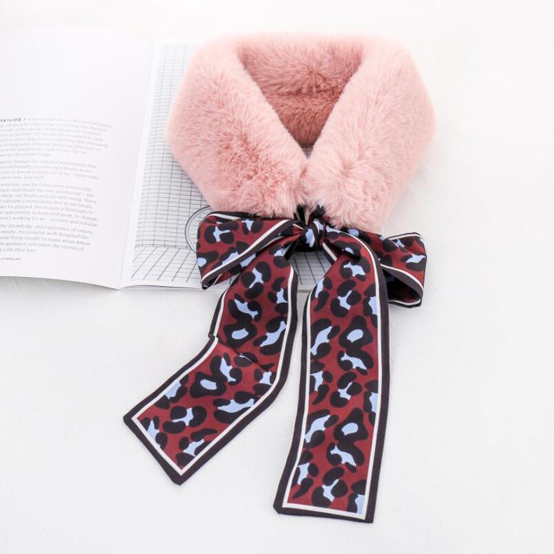 Women Ribbon Winter Plush Leopard Fur Collar Ribbon Scarf Warm Scarf