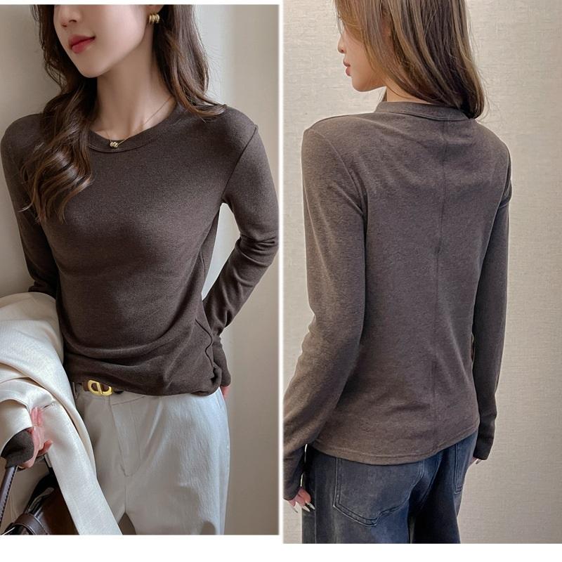 Women's Autumn And Winter Solid Color T Shirt With Brushed Long Sleeved Base Underneath