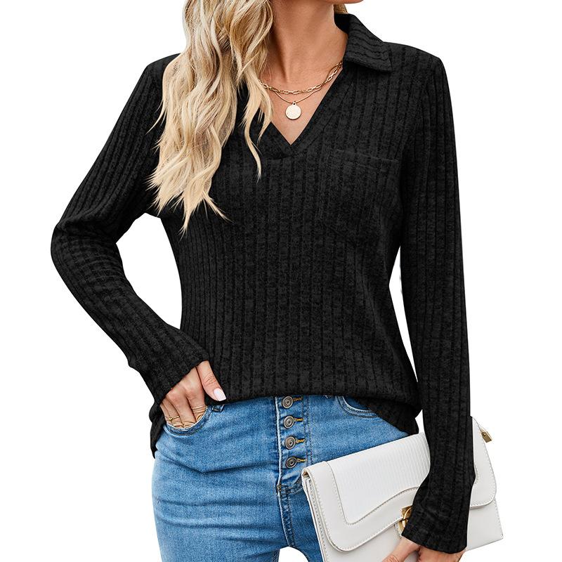 

Женская осенняя трикотажная рубашка-поло с однотонной полоской и длинными рукавами и карманами XXL чёрный