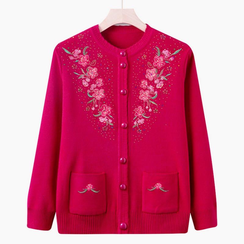 Middle-aged and old embroidered knitted sweater jacket grandma top cardigan long-sleeved sweater casual mom outfit old lady clothes