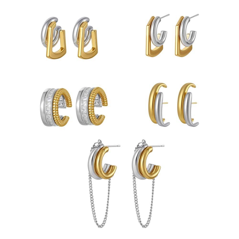 Gold Silver Double Layer Earrings Two-tone Design Huggie Earrings  Party Jewelry