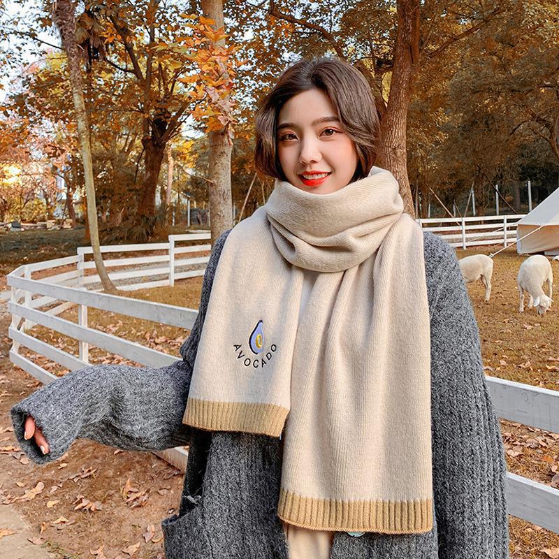New Style Avocado Scarf Women's Long Winter Korean Version Versatile Student Thickened Warm Wool Knitted Cute Scarf