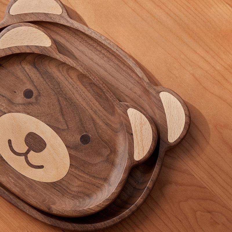 Cute Bear Plate Ebony Walnut Japanese Style High Value Wooden Plate Cartoon Fruit Serving Tray Round Bear Plate