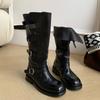 Flats Women's High Boots Designer Knee High Leather Shoes  Winter Fashion Chelsea Boots Trend Buckle New Gothic Mujer Botas
