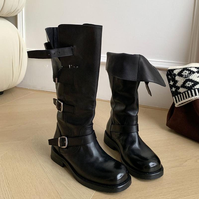Flats Women's High Boots Designer Knee High Leather Shoes  Winter Fashion Chelsea Boots Trend Buckle New Gothic Mujer Botas