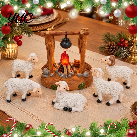 Christian Gift for Family Christmas Nativity Scene Set with LED Lighted Campfire, Resin Manger Stable Figurine, Religious Figurine Wooden Look