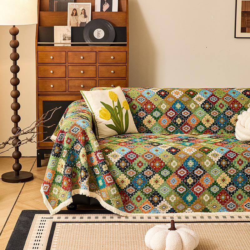 American Style Cotton Linen Jacquard Sofa Cover One Piece Cat Scratch Resistant All Season Universal Throw Blanket