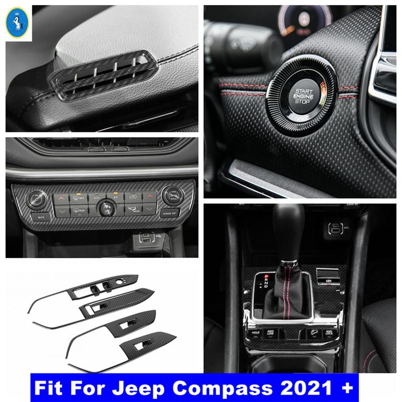 For Jeep Compass - Carbon Fiber Interior Gear Box / Engine Push / Glass Lift Button / Air AC Control Panel Cover Trim