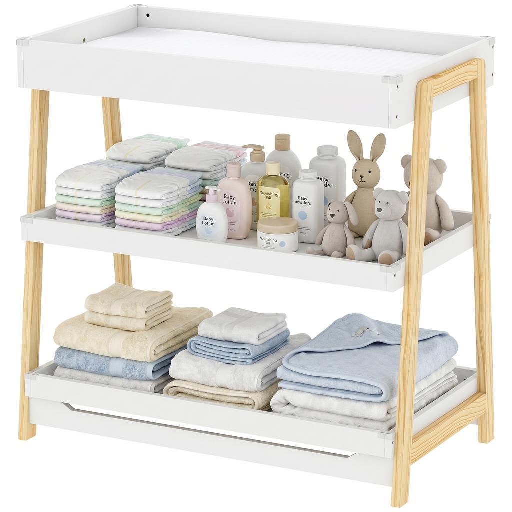 Baby Changing Table with 2 Storage Shelves, Nursery Diaper Changing Unit with Waterproof Changing Mat, White