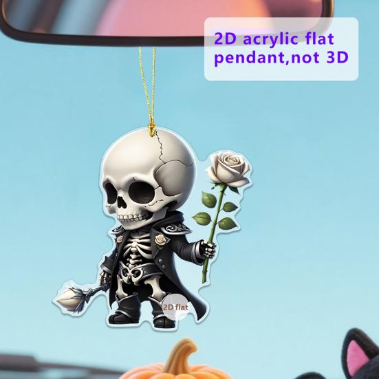 Skeleton Rose Pendant Car Rearview Mirror Ornament Acrylic 2D Bag Pendant Halloween Christmas Decoration Gift for Car Enthusiasts