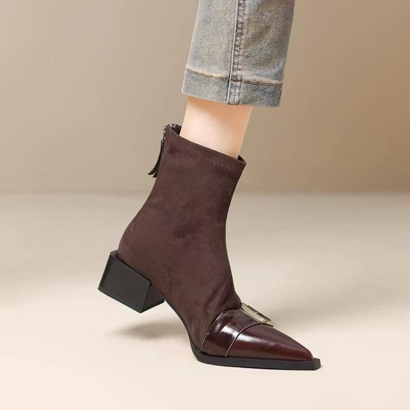 

Модные замшевые ботильоны с заостренным носком, в стиле французского винтажа, простые, с пряжкой, на низком каблуке-рюмочке, эластичные 42 коричневый