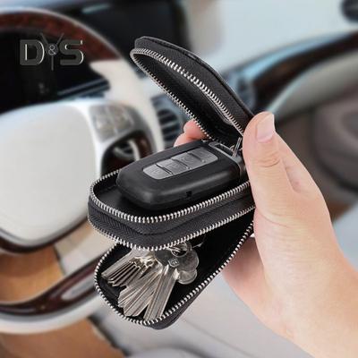Faux Leather Car Key Case Clear Window Keyring Chain Metal Hook Portable Remote Key Fob Holder Zipper Bag Protector Pouch Wallet