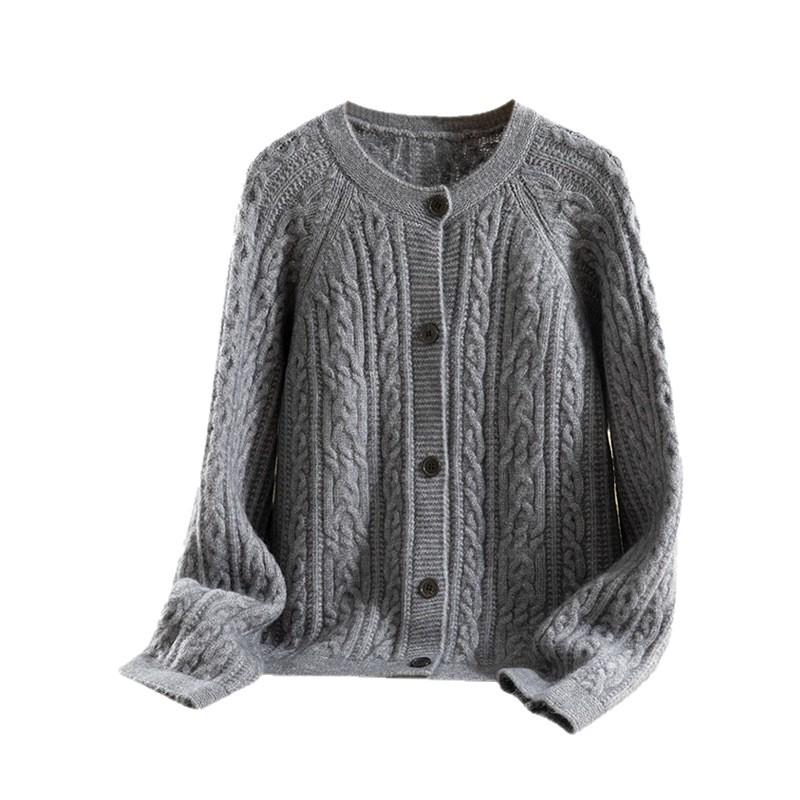 Korean Style Cable Knit Round Neck Cardigan: Single-Breasted, Loose, Warm Winter Sweater Coat