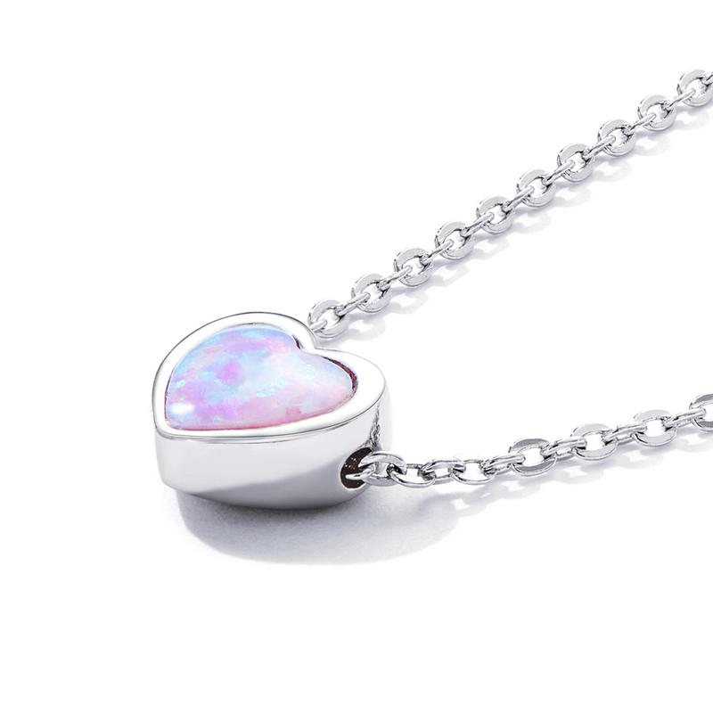 Fashion 925 Sterling Silver Simple Style Shining Opal Heart Pendant Choker Necklace for Women Jewelry Gift SCN471