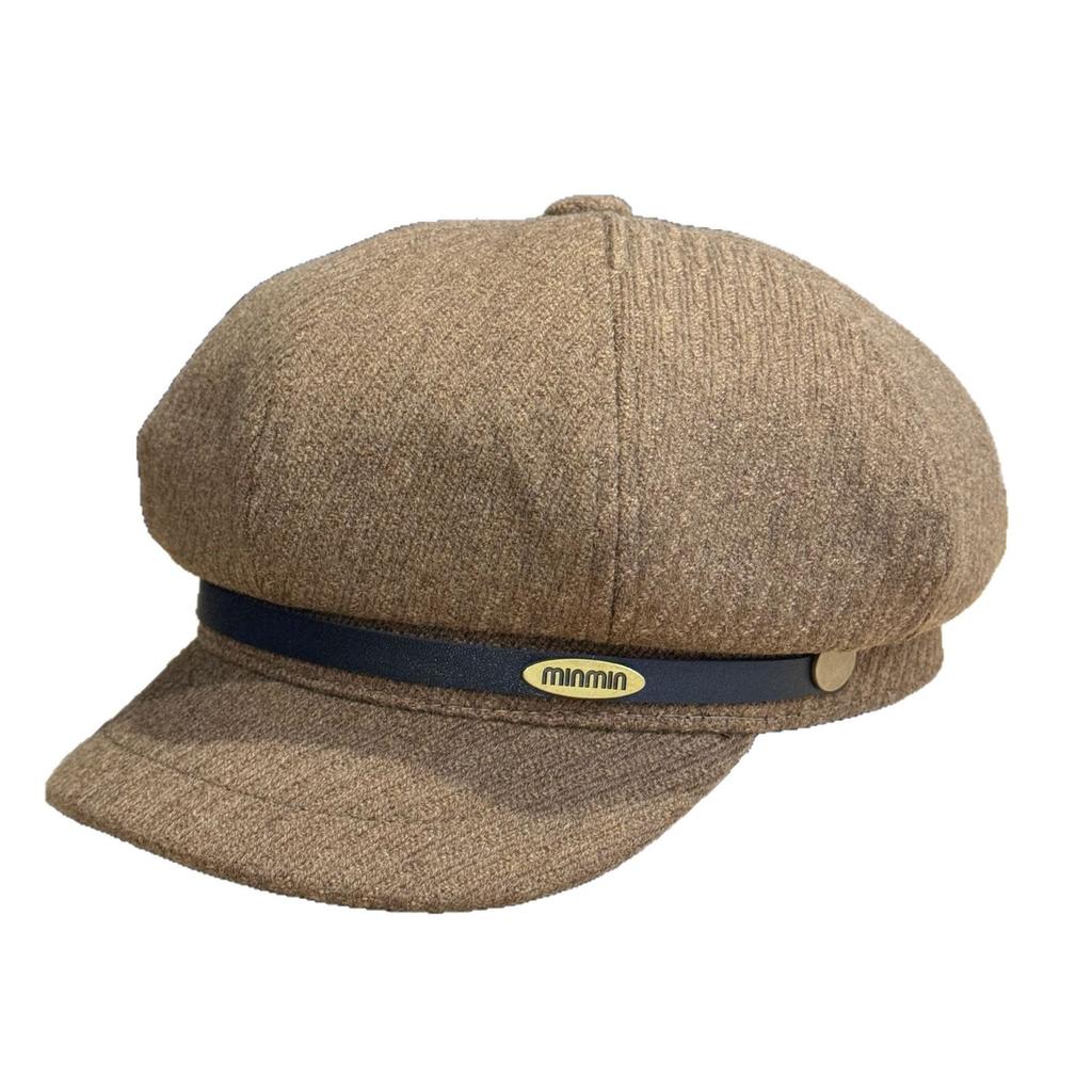 Retro Letter Small Label Belt Woolen Octagonal Hat for Women in Spring and Autumn Versatile Face showing Beret