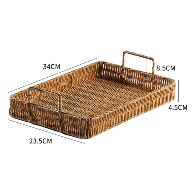 Plastic Storage Tray With Handle Imitation Rattan Weaving Basket Sundries Plate Fruit Platter Tea Tray Dinner Serving Tray