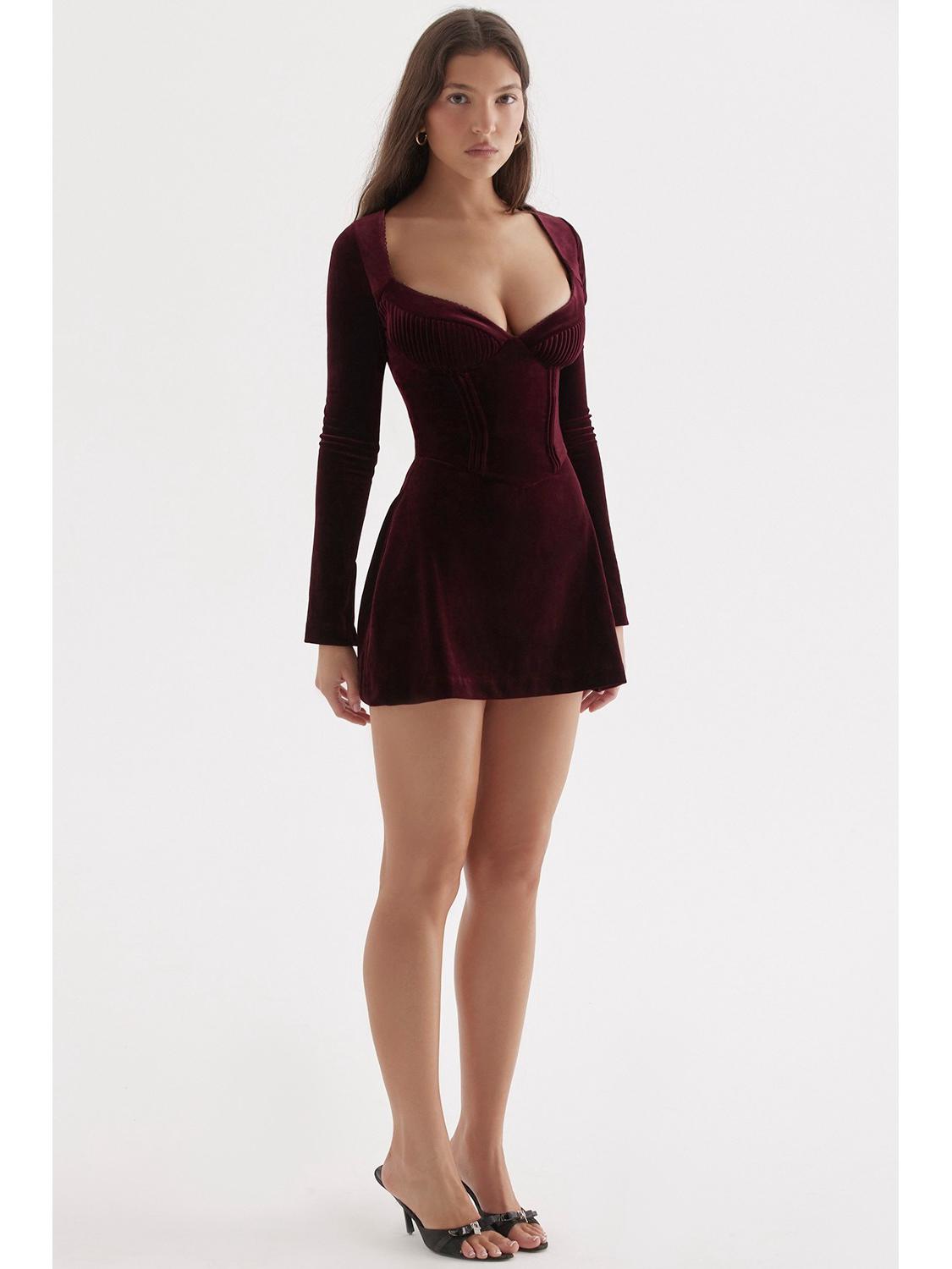 

Autumn Long-Sleeve Slim Dress - European & American Fashion M вино красного