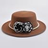 French Style Women's Pearl Chain Fedora Hat Autumen Winter Ladies Flat Top Felt Flat Top Hat